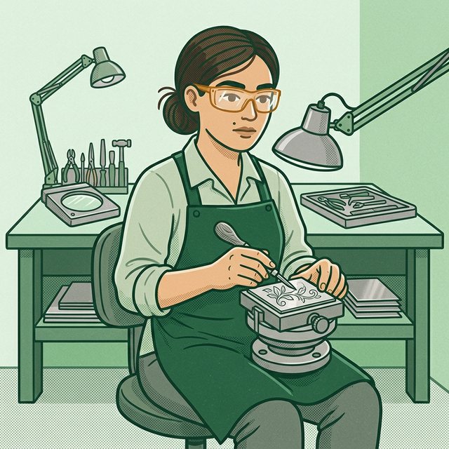 Pracownica w okularach ochronnych i fartuchu, siedząc przy stole, rylcem graweruje wzór roślinny na metalowej płytce zamocowanej w imadle, na stole lupa i narzędzia, nad nim lampy.