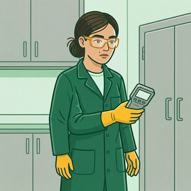 Pracownica w okularach ochronnych, fartuchu laboratoryjnym i rękawicy trzyma w ręku miernik z wyświetlaczem i odczytuje wynik pomiaru w pomieszczeniu z szafami.