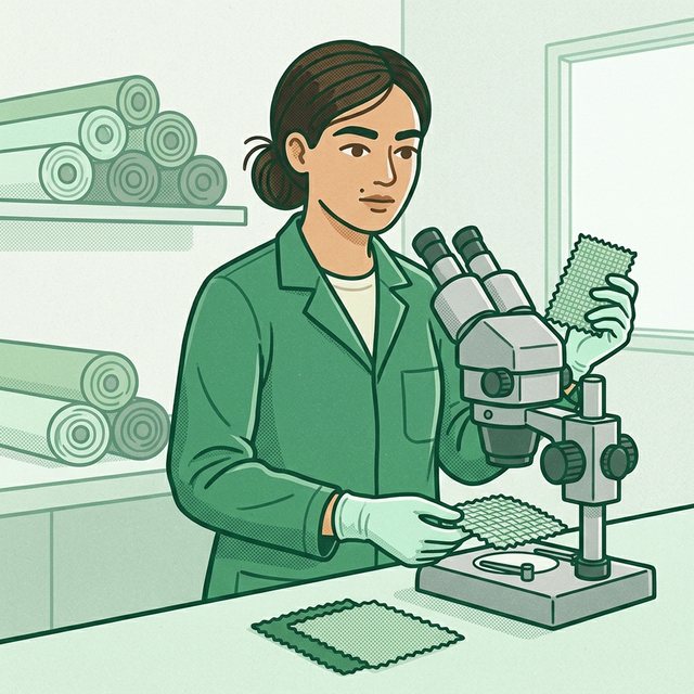 Pracownica w fartuchu laboratoryjnym i rękawiczkach ogląda próbkę tkaniny pod mikroskopem stereoskopowym, w drugiej ręce trzyma kolejną próbkę, w tle półka z rolkami materiału.