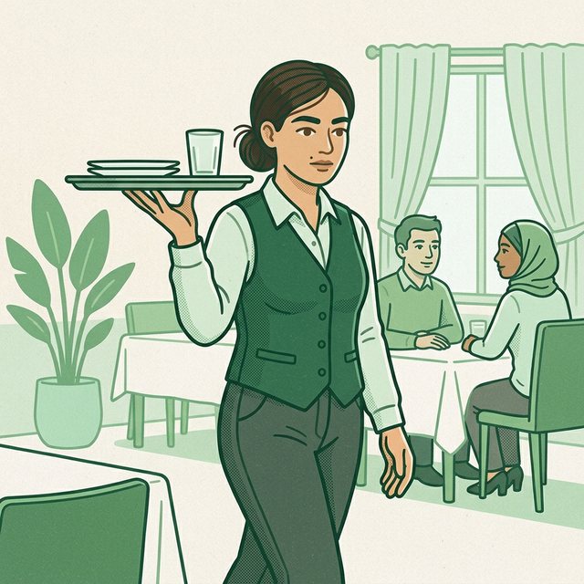 Pracownica w koszuli, kamizelce i spodniach niesie na uniesionej dłoni tacę z talerzami i szklanką do stolika w sali restauracyjnej, przy stole siedzą goście.
