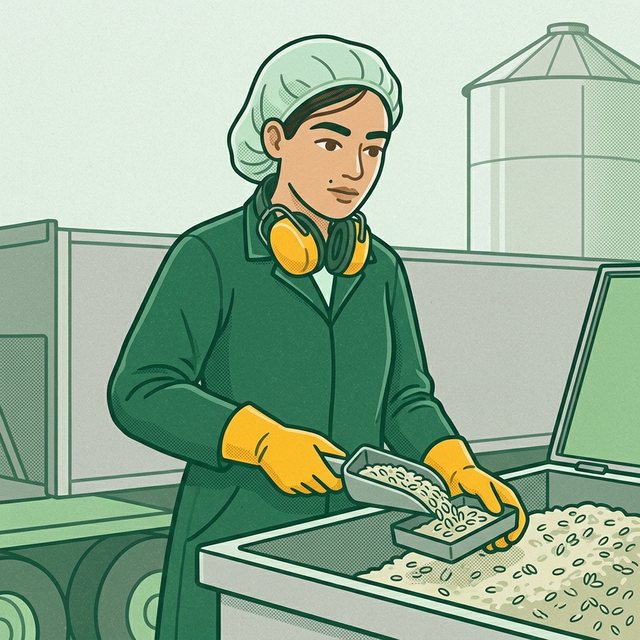 Pracownica w fartuchu roboczym, z ochronnikami słuchu na szyi i w rękawicach nabiera łopatką próbkę ziarna ze zbiornika przy pojeździe dostawczym i przesypuje ją do tacki, w tle silos.