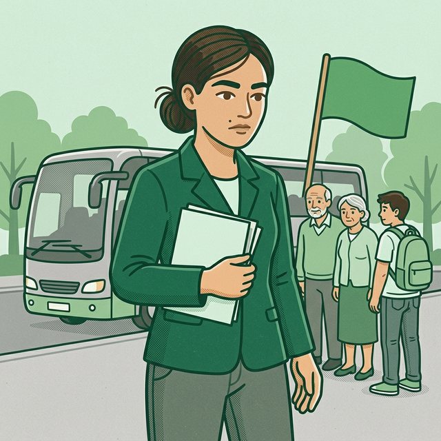 Pracownica w żakiecie trzyma pod pachą teczkę z dokumentami, za nią stoi grupa turystów – starszy mężczyzna, starsza kobieta i młody mężczyzna z plecakiem – jeden z nich trzyma zieloną chorągiewkę, w tle autokar i drzewa.