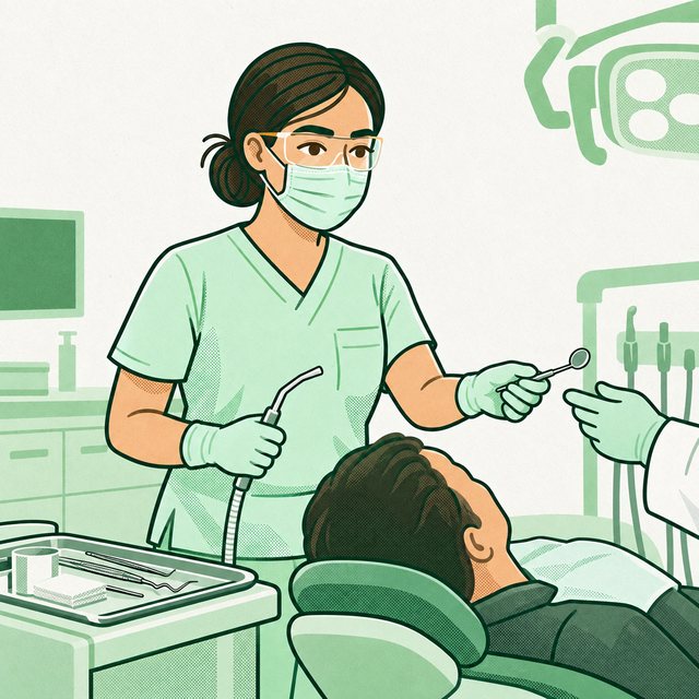 Pracownica w rękawicach podaje narzędzie przy fotelu dentystycznym podczas przygotowanego zabiegu.