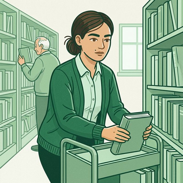 Pracownica w kardiganie wyjmuje książkę z wózka bibliotecznego, aby odnieść ją na regał, w tle regały z książkami i starszy czytelnik przy półce.