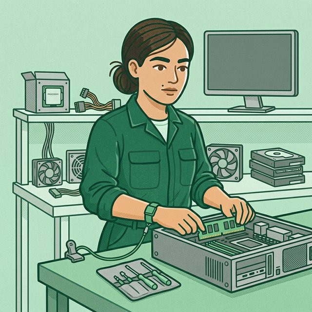 Pracownica w koszuli roboczej wsuwa moduł pamięci RAM w płytę główną w otwartej obudowie komputera na blacie, obok wkrętaki na macie, w tle półka z podzespołami i monitor.