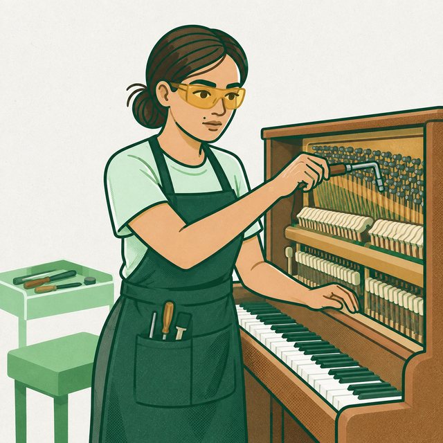 Pracownica w okularach reguluje mechanizm pianina kluczem stroicielskim.
