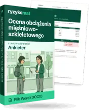 Pudełko dokumentu „Ocena obciążenia mięśniowo-szkieletowego” ze znakiem Ryzykomat i napisem „Plik Word (DOCX)” na froncie, ilustracja stanowiska „Ankieter”; zza pudełka wystaje strona prawdziwego dokumentu z rozmytą treścią