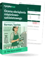 Pudełko dokumentu „Ocena obciążenia mięśniowo-szkieletowego” ze znakiem Ryzykomat i napisem „Plik Word (DOCX)” na froncie, ilustracja stanowiska „Barman / barista”; zza pudełka wystaje strona prawdziwego dokumentu z rozmytą treścią