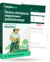 Pudełko dokumentu „Ocena obciążenia mięśniowo-szkieletowego” ze znakiem Ryzykomat i napisem „Plik Word (DOCX)” na froncie, ilustracja stanowiska „Betoniarz”; zza pudełka wystaje strona prawdziwego dokumentu z rozmytą treścią