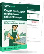 Pudełko dokumentu „Ocena obciążenia mięśniowo-szkieletowego” ze znakiem Ryzykomat i napisem „Plik Word (DOCX)” na froncie, ilustracja stanowiska „Blacharz budowlany (dekarski)”; zza pudełka wystaje strona prawdziwego dokumentu z rozmytą treścią