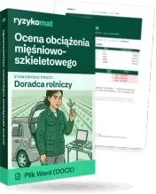 Pudełko dokumentu „Ocena obciążenia mięśniowo-szkieletowego” ze znakiem Ryzykomat i napisem „Plik Word (DOCX)” na froncie, ilustracja stanowiska „Doradca rolniczy”; zza pudełka wystaje strona prawdziwego dokumentu z rozmytą treścią