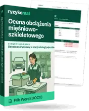 Pudełko dokumentu „Ocena obciążenia mięśniowo-szkieletowego” ze znakiem Ryzykomat i napisem „Plik Word (DOCX)” na froncie, ilustracja stanowiska „Doradca serwisowy w stacji obsługi pojazdów”; zza pudełka wystaje strona prawdziwego dokumentu z rozmytą treścią