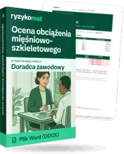 Pudełko dokumentu „Ocena obciążenia mięśniowo-szkieletowego” ze znakiem Ryzykomat i napisem „Plik Word (DOCX)” na froncie, ilustracja stanowiska „Doradca zawodowy”; zza pudełka wystaje strona prawdziwego dokumentu z rozmytą treścią