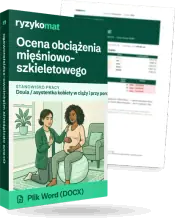 Pudełko dokumentu „Ocena obciążenia mięśniowo-szkieletowego” ze znakiem Ryzykomat i napisem „Plik Word (DOCX)” na froncie, ilustracja stanowiska „Doula / asystentka kobiety w ciąży i przy porodzie”; zza pudełka wystaje strona prawdziwego dokumentu z rozmytą treścią