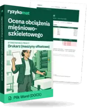 Pudełko dokumentu „Ocena obciążenia mięśniowo-szkieletowego” ze znakiem Ryzykomat i napisem „Plik Word (DOCX)” na froncie, ilustracja stanowiska „Drukarz (maszyny offsetowe)”; zza pudełka wystaje strona prawdziwego dokumentu z rozmytą treścią