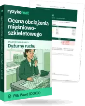Pudełko dokumentu „Ocena obciążenia mięśniowo-szkieletowego” ze znakiem Ryzykomat i napisem „Plik Word (DOCX)” na froncie, ilustracja stanowiska „Dyżurny ruchu”; zza pudełka wystaje strona prawdziwego dokumentu z rozmytą treścią
