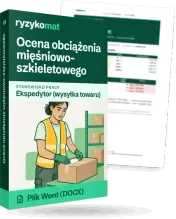 Pudełko dokumentu „Ocena obciążenia mięśniowo-szkieletowego” ze znakiem Ryzykomat i napisem „Plik Word (DOCX)” na froncie, ilustracja stanowiska „Ekspedytor (wysyłka towaru)”; zza pudełka wystaje strona prawdziwego dokumentu z rozmytą treścią