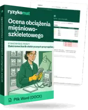 Pudełko dokumentu „Ocena obciążenia mięśniowo-szkieletowego” ze znakiem Ryzykomat i napisem „Plik Word (DOCX)” na froncie, ilustracja stanowiska „Elektromechanik elektrycznych przyrządów pomiarowych”; zza pudełka wystaje strona prawdziwego dokumentu z rozmytą treścią