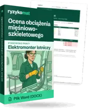 Pudełko dokumentu „Ocena obciążenia mięśniowo-szkieletowego” ze znakiem Ryzykomat i napisem „Plik Word (DOCX)” na froncie, ilustracja stanowiska „Elektromonter lotniczy”; zza pudełka wystaje strona prawdziwego dokumentu z rozmytą treścią