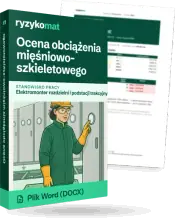Pudełko dokumentu „Ocena obciążenia mięśniowo-szkieletowego” ze znakiem Ryzykomat i napisem „Plik Word (DOCX)” na froncie, ilustracja stanowiska „Elektromonter rozdzielni i podstacji trakcyjnych”; zza pudełka wystaje strona prawdziwego dokumentu z rozmytą treścią