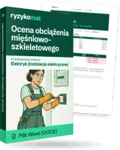 Pudełko dokumentu „Ocena obciążenia mięśniowo-szkieletowego” ze znakiem Ryzykomat i napisem „Plik Word (DOCX)” na froncie, ilustracja stanowiska „Elektryk (instalacje elektryczne)”; zza pudełka wystaje strona prawdziwego dokumentu z rozmytą treścią