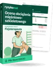Pudełko dokumentu „Ocena obciążenia mięśniowo-szkieletowego” ze znakiem Ryzykomat i napisem „Plik Word (DOCX)” na froncie, ilustracja stanowiska „Fizjoterapeuta”; zza pudełka wystaje strona prawdziwego dokumentu z rozmytą treścią