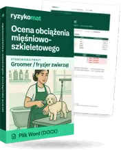 Pudełko dokumentu „Ocena obciążenia mięśniowo-szkieletowego” ze znakiem Ryzykomat i napisem „Plik Word (DOCX)” na froncie, ilustracja stanowiska „Groomer / fryzjer zwierząt”; zza pudełka wystaje strona prawdziwego dokumentu z rozmytą treścią