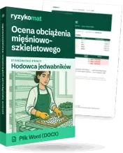 Pudełko dokumentu „Ocena obciążenia mięśniowo-szkieletowego” ze znakiem Ryzykomat i napisem „Plik Word (DOCX)” na froncie, ilustracja stanowiska „Hodowca jedwabników”; zza pudełka wystaje strona prawdziwego dokumentu z rozmytą treścią