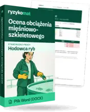 Pudełko dokumentu „Ocena obciążenia mięśniowo-szkieletowego” ze znakiem Ryzykomat i napisem „Plik Word (DOCX)” na froncie, ilustracja stanowiska „Hodowca ryb”; zza pudełka wystaje strona prawdziwego dokumentu z rozmytą treścią