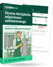 Pudełko dokumentu „Ocena obciążenia mięśniowo-szkieletowego” ze znakiem Ryzykomat i napisem „Plik Word (DOCX)” na froncie, ilustracja stanowiska „Hodowca zwierząt futerkowych”; zza pudełka wystaje strona prawdziwego dokumentu z rozmytą treścią
