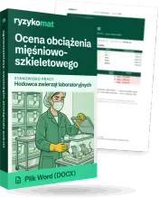 Pudełko dokumentu „Ocena obciążenia mięśniowo-szkieletowego” ze znakiem Ryzykomat i napisem „Plik Word (DOCX)” na froncie, ilustracja stanowiska „Hodowca zwierząt laboratoryjnych”; zza pudełka wystaje strona prawdziwego dokumentu z rozmytą treścią