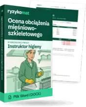 Pudełko dokumentu „Ocena obciążenia mięśniowo-szkieletowego” ze znakiem Ryzykomat i napisem „Plik Word (DOCX)” na froncie, ilustracja stanowiska „Instruktor higieny”; zza pudełka wystaje strona prawdziwego dokumentu z rozmytą treścią
