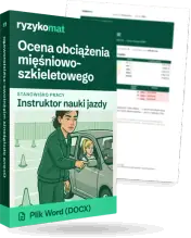 Pudełko dokumentu „Ocena obciążenia mięśniowo-szkieletowego” ze znakiem Ryzykomat i napisem „Plik Word (DOCX)” na froncie, ilustracja stanowiska „Instruktor nauki jazdy”; zza pudełka wystaje strona prawdziwego dokumentu z rozmytą treścią