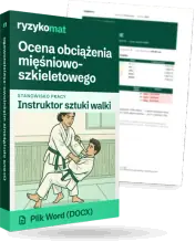Pudełko dokumentu „Ocena obciążenia mięśniowo-szkieletowego” ze znakiem Ryzykomat i napisem „Plik Word (DOCX)” na froncie, ilustracja stanowiska „Instruktor sztuki walki”; zza pudełka wystaje strona prawdziwego dokumentu z rozmytą treścią