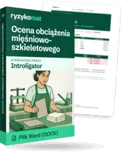 Pudełko dokumentu „Ocena obciążenia mięśniowo-szkieletowego” ze znakiem Ryzykomat i napisem „Plik Word (DOCX)” na froncie, ilustracja stanowiska „Introligator”; zza pudełka wystaje strona prawdziwego dokumentu z rozmytą treścią