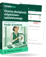 Pudełko dokumentu „Ocena obciążenia mięśniowo-szkieletowego” ze znakiem Ryzykomat i napisem „Plik Word (DOCX)” na froncie, ilustracja stanowiska „Kasjer w kantorze”; zza pudełka wystaje strona prawdziwego dokumentu z rozmytą treścią