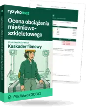 Pudełko dokumentu „Ocena obciążenia mięśniowo-szkieletowego” ze znakiem Ryzykomat i napisem „Plik Word (DOCX)” na froncie, ilustracja stanowiska „Kaskader filmowy”; zza pudełka wystaje strona prawdziwego dokumentu z rozmytą treścią