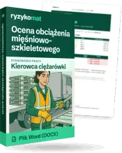 Pudełko dokumentu „Ocena obciążenia mięśniowo-szkieletowego” ze znakiem Ryzykomat i napisem „Plik Word (DOCX)” na froncie, ilustracja stanowiska „Kierowca ciężarówki”; zza pudełka wystaje strona prawdziwego dokumentu z rozmytą treścią