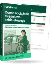 Pudełko dokumentu „Ocena obciążenia mięśniowo-szkieletowego” ze znakiem Ryzykomat i napisem „Plik Word (DOCX)” na froncie, ilustracja stanowiska „Kierowca samochodu osobowego”; zza pudełka wystaje strona prawdziwego dokumentu z rozmytą treścią