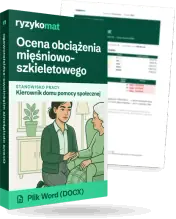 Pudełko dokumentu „Ocena obciążenia mięśniowo-szkieletowego” ze znakiem Ryzykomat i napisem „Plik Word (DOCX)” na froncie, ilustracja stanowiska „Kierownik domu pomocy społecznej”; zza pudełka wystaje strona prawdziwego dokumentu z rozmytą treścią