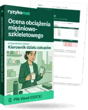 Pudełko dokumentu „Ocena obciążenia mięśniowo-szkieletowego” ze znakiem Ryzykomat i napisem „Plik Word (DOCX)” na froncie, ilustracja stanowiska „Kierownik działu zakupów”; zza pudełka wystaje strona prawdziwego dokumentu z rozmytą treścią