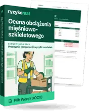 Pudełko dokumentu „Ocena obciążenia mięśniowo-szkieletowego” ze znakiem Ryzykomat i napisem „Plik Word (DOCX)” na froncie, ilustracja stanowiska „Pracownik kompletacji i wysyłki zamówień”; zza pudełka wystaje strona prawdziwego dokumentu z rozmytą treścią