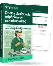 Pudełko dokumentu „Ocena obciążenia mięśniowo-szkieletowego” ze znakiem Ryzykomat i napisem „Plik Word (DOCX)” na froncie, ilustracja stanowiska „Kontroler jakości (produkcja)”; zza pudełka wystaje strona prawdziwego dokumentu z rozmytą treścią