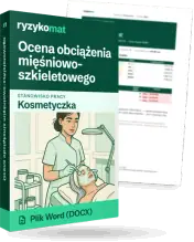 Pudełko dokumentu „Ocena obciążenia mięśniowo-szkieletowego” ze znakiem Ryzykomat i napisem „Plik Word (DOCX)” na froncie, ilustracja stanowiska „Kosmetyczka”; zza pudełka wystaje strona prawdziwego dokumentu z rozmytą treścią