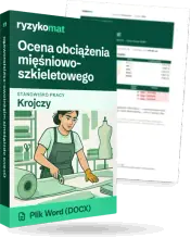 Pudełko dokumentu „Ocena obciążenia mięśniowo-szkieletowego” ze znakiem Ryzykomat i napisem „Plik Word (DOCX)” na froncie, ilustracja stanowiska „Krojczy”; zza pudełka wystaje strona prawdziwego dokumentu z rozmytą treścią