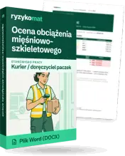 Pudełko dokumentu „Ocena obciążenia mięśniowo-szkieletowego” ze znakiem Ryzykomat i napisem „Plik Word (DOCX)” na froncie, ilustracja stanowiska „Kurier / doręczyciel paczek”; zza pudełka wystaje strona prawdziwego dokumentu z rozmytą treścią