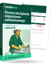 Pudełko dokumentu „Ocena obciążenia mięśniowo-szkieletowego” ze znakiem Ryzykomat i napisem „Plik Word (DOCX)” na froncie, ilustracja stanowiska „Lakiernik”; zza pudełka wystaje strona prawdziwego dokumentu z rozmytą treścią