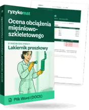 Pudełko dokumentu „Ocena obciążenia mięśniowo-szkieletowego” ze znakiem Ryzykomat i napisem „Plik Word (DOCX)” na froncie, ilustracja stanowiska „Lakiernik proszkowy”; zza pudełka wystaje strona prawdziwego dokumentu z rozmytą treścią