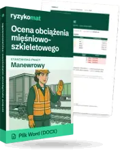 Pudełko dokumentu „Ocena obciążenia mięśniowo-szkieletowego” ze znakiem Ryzykomat i napisem „Plik Word (DOCX)” na froncie, ilustracja stanowiska „Manewrowy”; zza pudełka wystaje strona prawdziwego dokumentu z rozmytą treścią