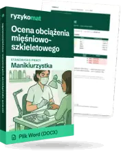Pudełko dokumentu „Ocena obciążenia mięśniowo-szkieletowego” ze znakiem Ryzykomat i napisem „Plik Word (DOCX)” na froncie, ilustracja stanowiska „Manikiurzystka”; zza pudełka wystaje strona prawdziwego dokumentu z rozmytą treścią